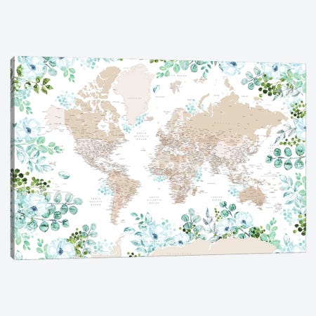 Detailed Floral World Map With Cities And Antarctica, Leanne Canvas Print #RLZ428} by blursbyai Canvas Art Print