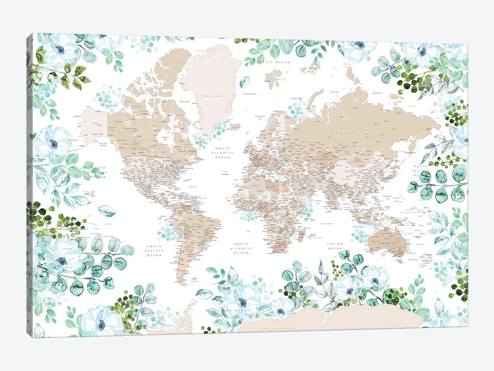 Detailed Floral World Map With Cities And Antarctica, Leanne by blursbyai 1-piece Canvas Print