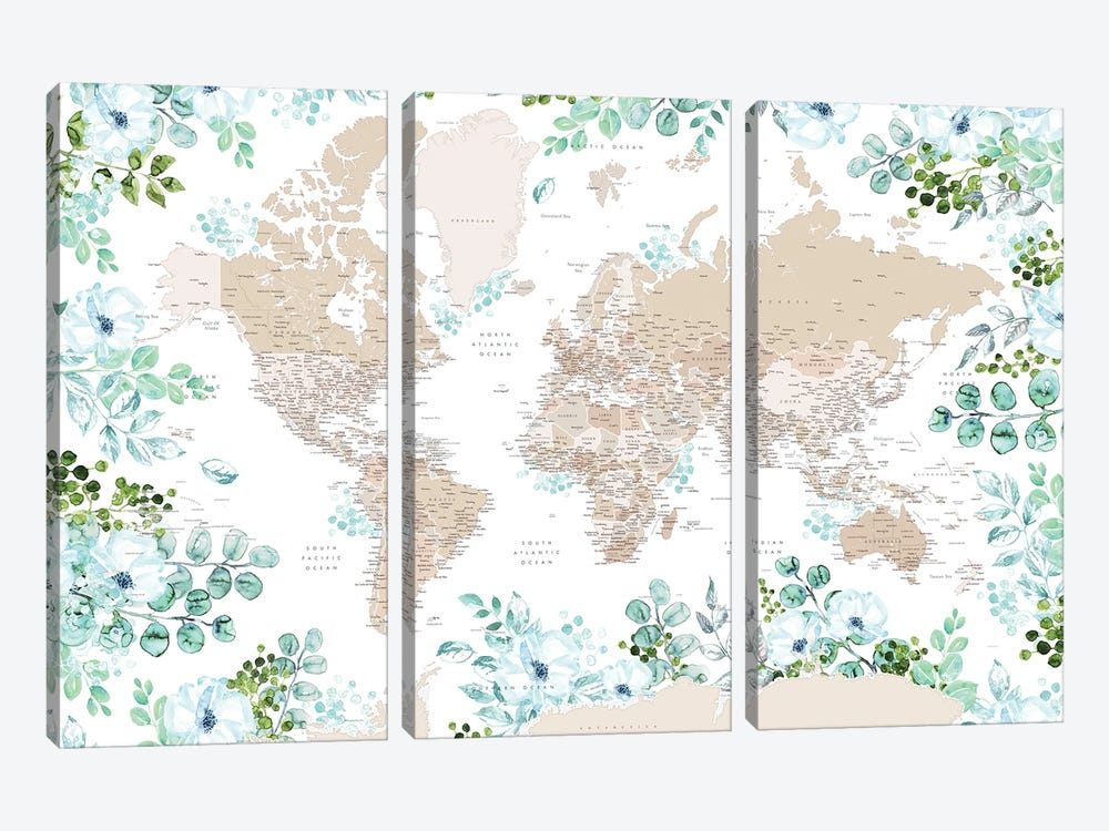 Detailed Floral World Map With Cities And Antarctica, Leanne by blursbyai 3-piece Canvas Print