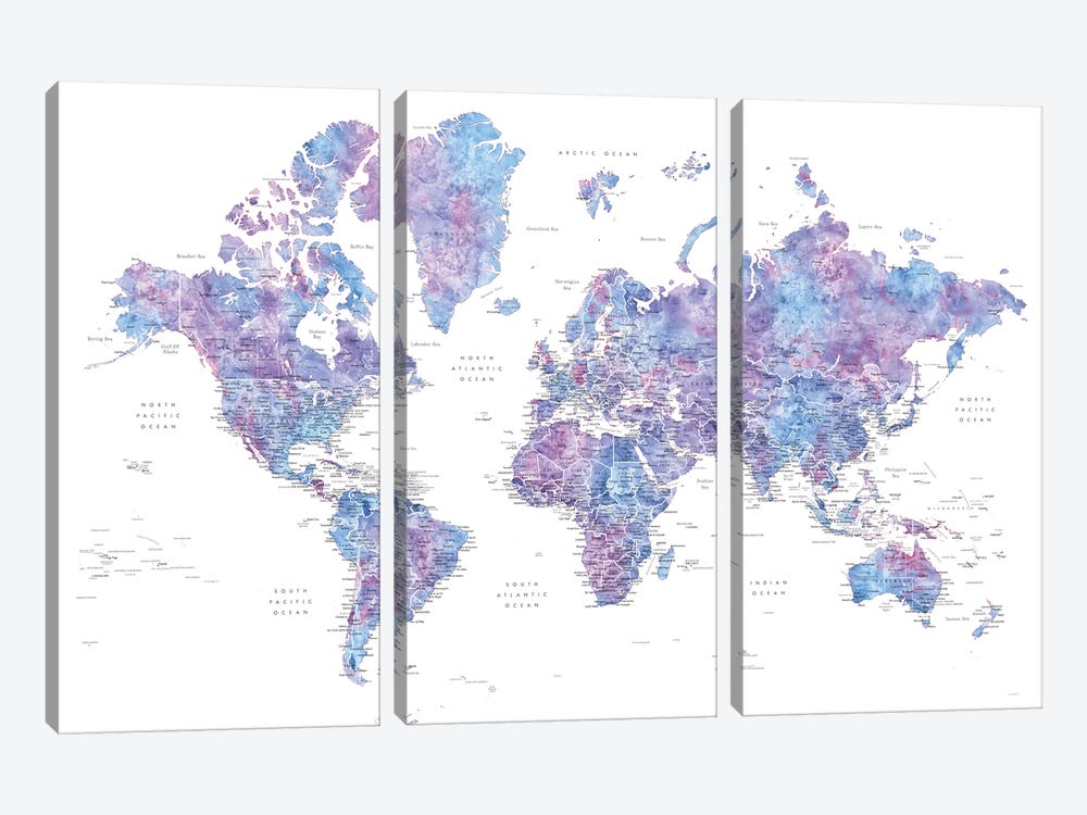 Detailed Purple Watercolor World Map, Raul by blursbyai 3-piece Canvas Art