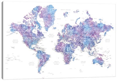 Detailed Purple Watercolor World Map, Raul Canvas Art Print - World Map Art