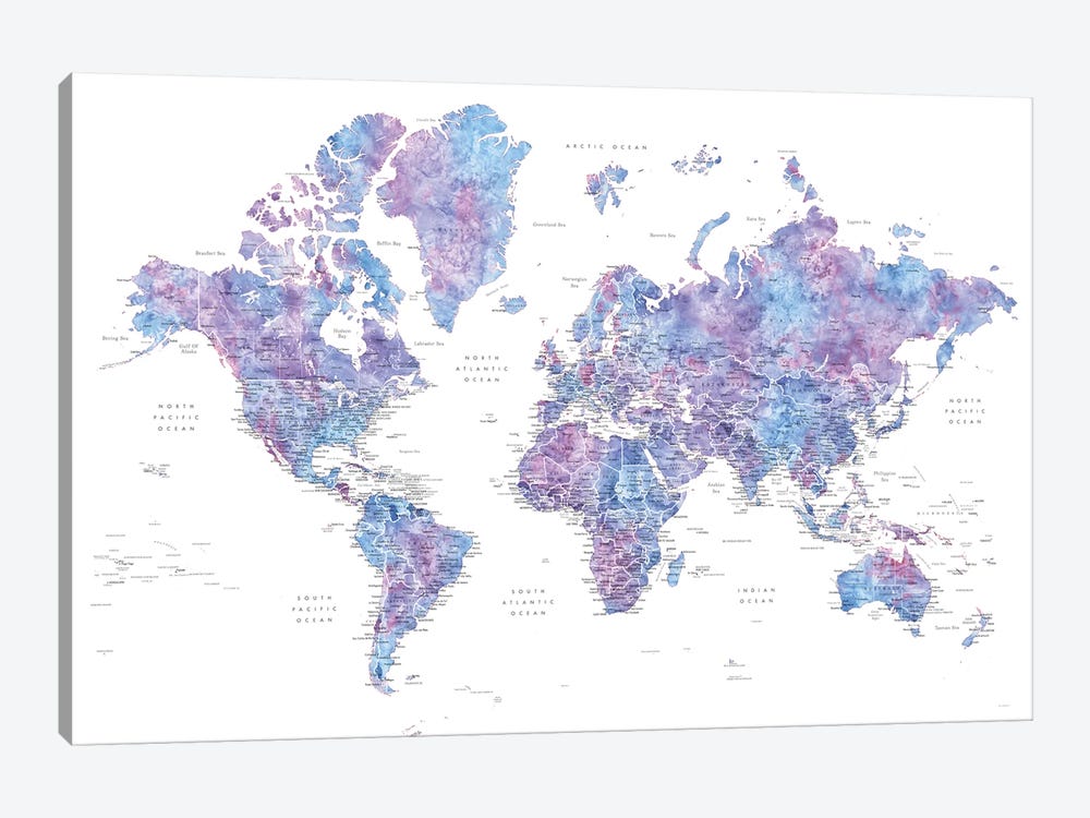 Detailed Purple Watercolor World Map, Raul by blursbyai 1-piece Canvas Artwork