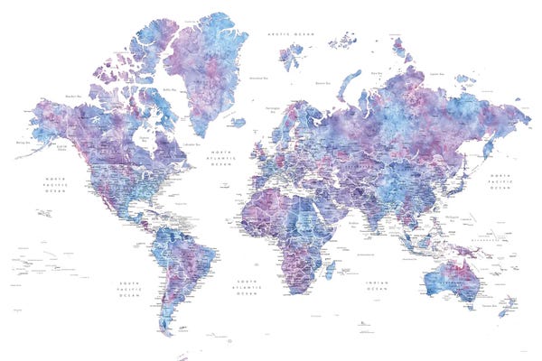 Large Map Art - Canvas Prints: Detailed Purple Watercolor World Map, Raul by blursbyai