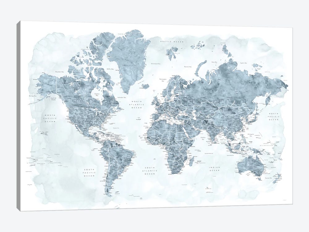 Watercolor Detailed World Map Jacq by blursbyai 1-piece Canvas Artwork