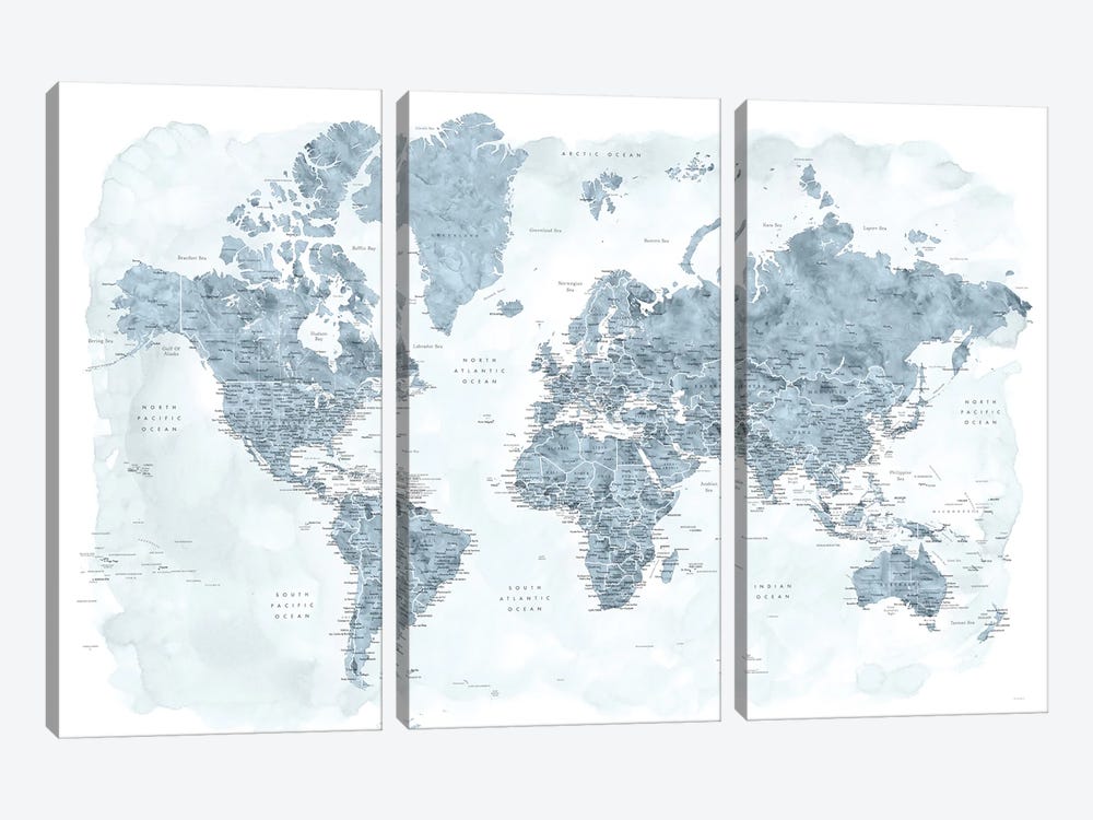 Watercolor Detailed World Map Jacq by blursbyai 3-piece Canvas Wall Art