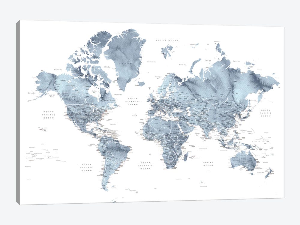 Detailed Watercolor World Map Lazer by blursbyai 1-piece Canvas Art Print