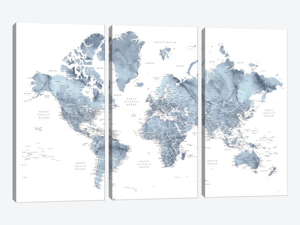 Detailed Watercolor World Map Lazer by blursbyai 3-piece Canvas Art Print