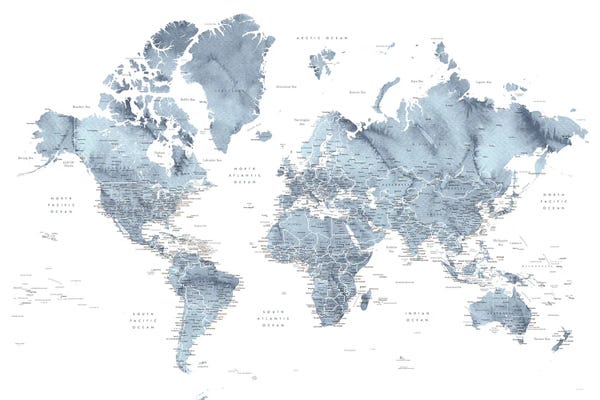 Large Modern Art - Canvas Prints: Detailed Watercolor World Map Lazer by blursbyai