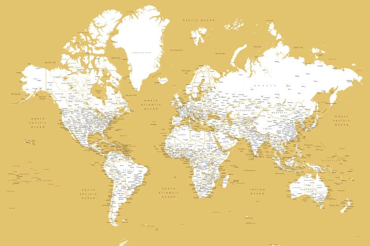 Mustard Detailed World Map With Cities, Andrew