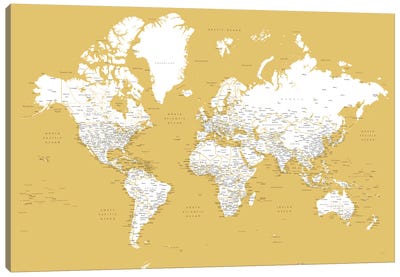 Mustard Detailed World Map With Cities, Andrew Canvas Art Print - blursbyai