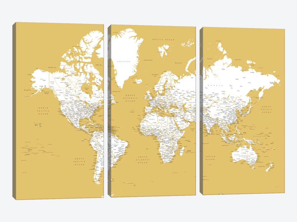 Mustard Detailed World Map With Cities, Andrew by blursbyai 3-piece Canvas Art