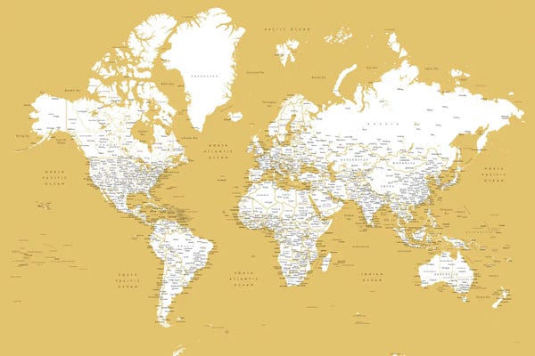 Globes: Mustard Detailed World Map With Cities, Andrew by blursbyai