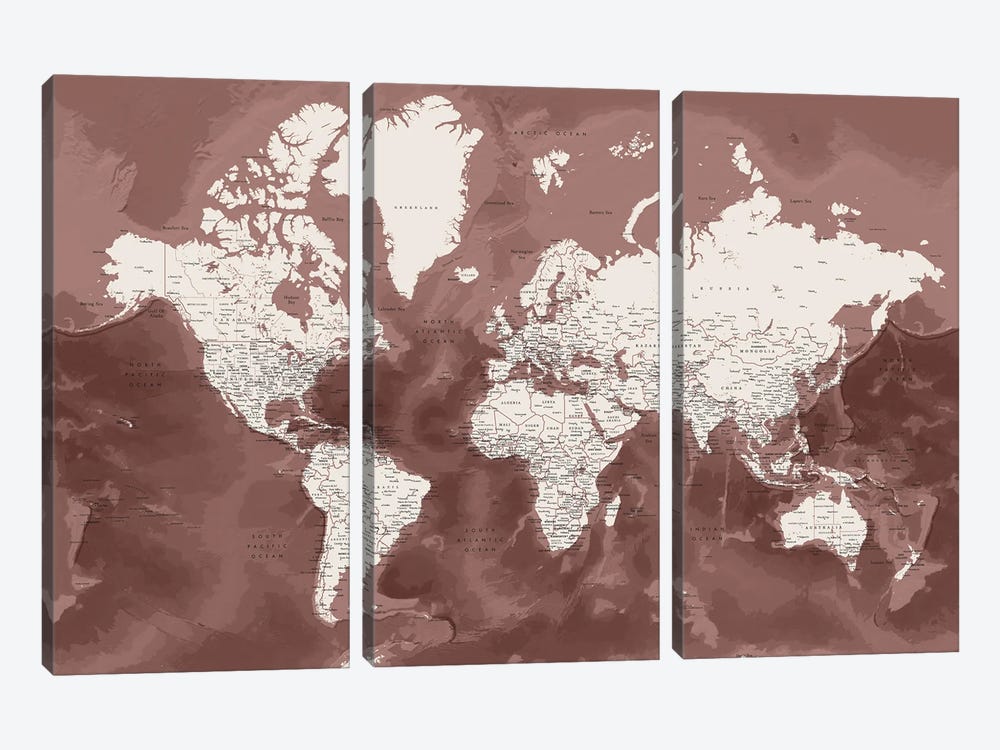 Detailed World Map In Marsala And Brown, Hikmat by blursbyai 3-piece Canvas Art Print