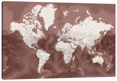Detailed World Map In Marsala And Brown, Hikmat Canvas Art Print - World Map Art