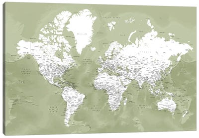 Detailed World Map In Moss Green, Pacheco Canvas Art Print - 3-Piece Map Art