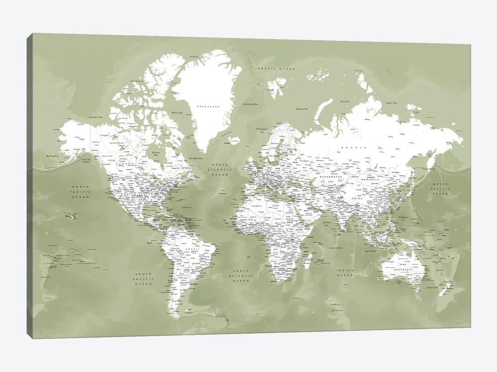 Detailed World Map In Moss Green, Pacheco by blursbyai 1-piece Canvas Wall Art