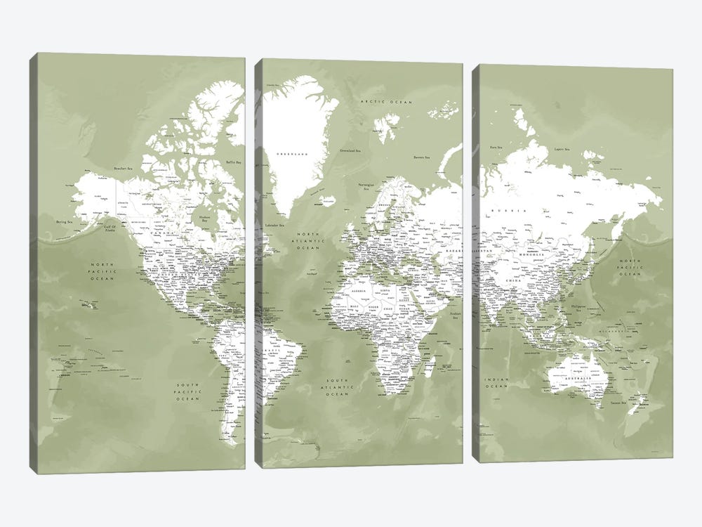 Detailed World Map In Moss Green, Pacheco by blursbyai 3-piece Canvas Artwork