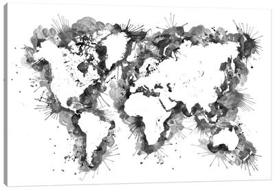 Black Splatters Watercolor World Map Canvas Art Print - World Map Art
