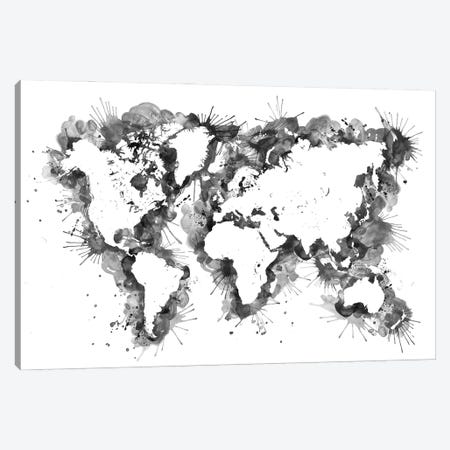 Black Splatters Watercolor World Map Canvas Print #RLZ435} by blursbyai Canvas Art Print