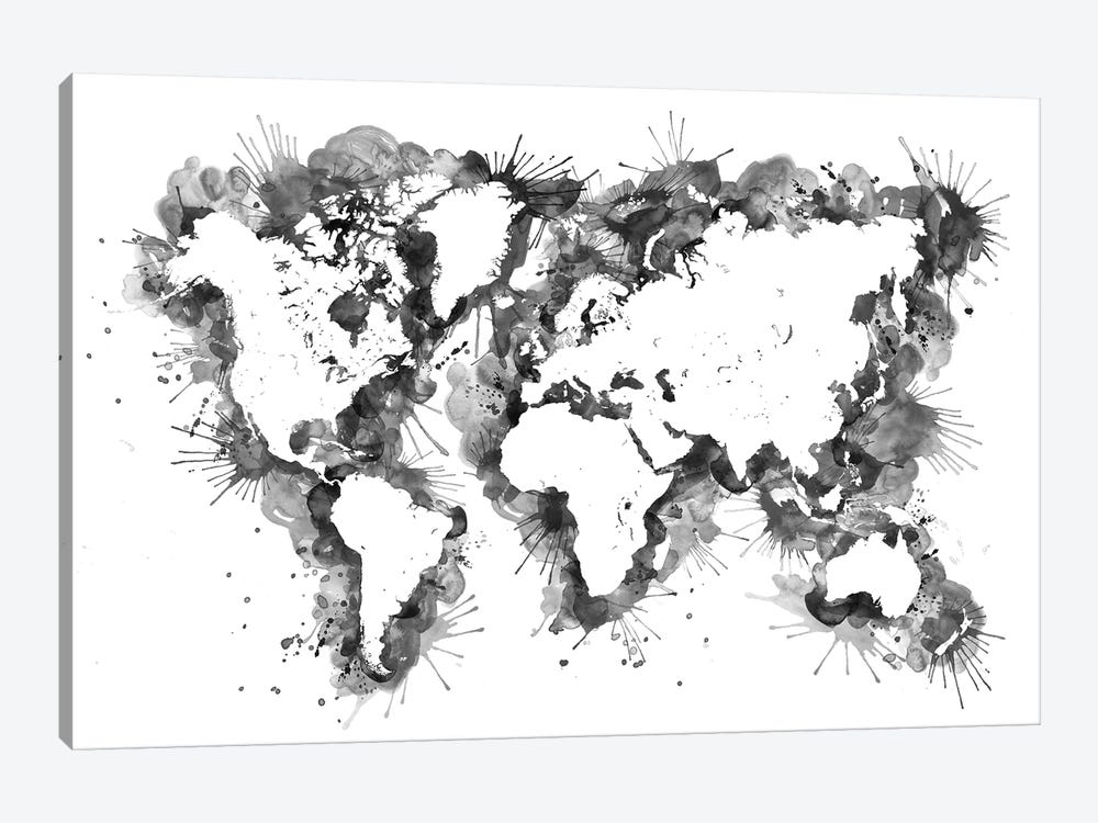 Black Splatters Watercolor World Map by blursbyai 1-piece Art Print