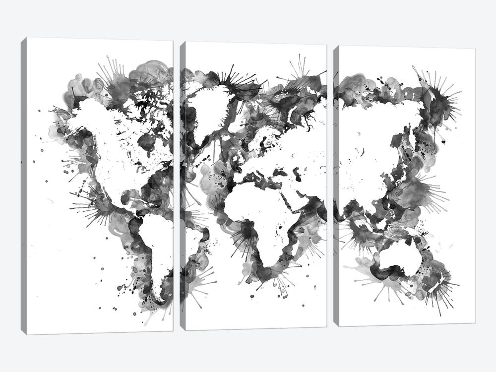 Black Splatters Watercolor World Map by blursbyai 3-piece Canvas Print