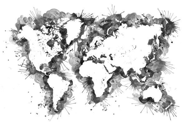 blursbyai: Black Splatters Watercolor World Map by blursbyai