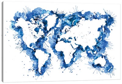 Blue Watercolor Splatters World Map Canvas Art Print - World Map Art