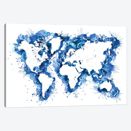 Blue Watercolor Splatters World Map Canvas Print #RLZ436} by blursbyai Canvas Art Print