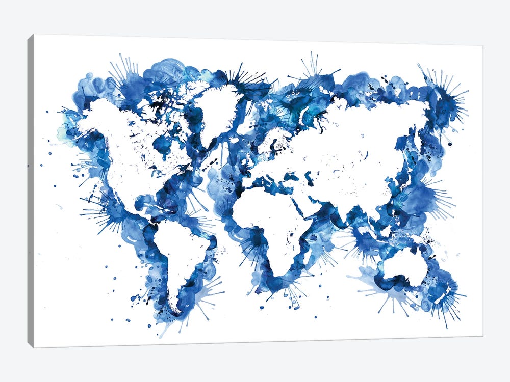 Blue Watercolor Splatters World Map by blursbyai 1-piece Canvas Art