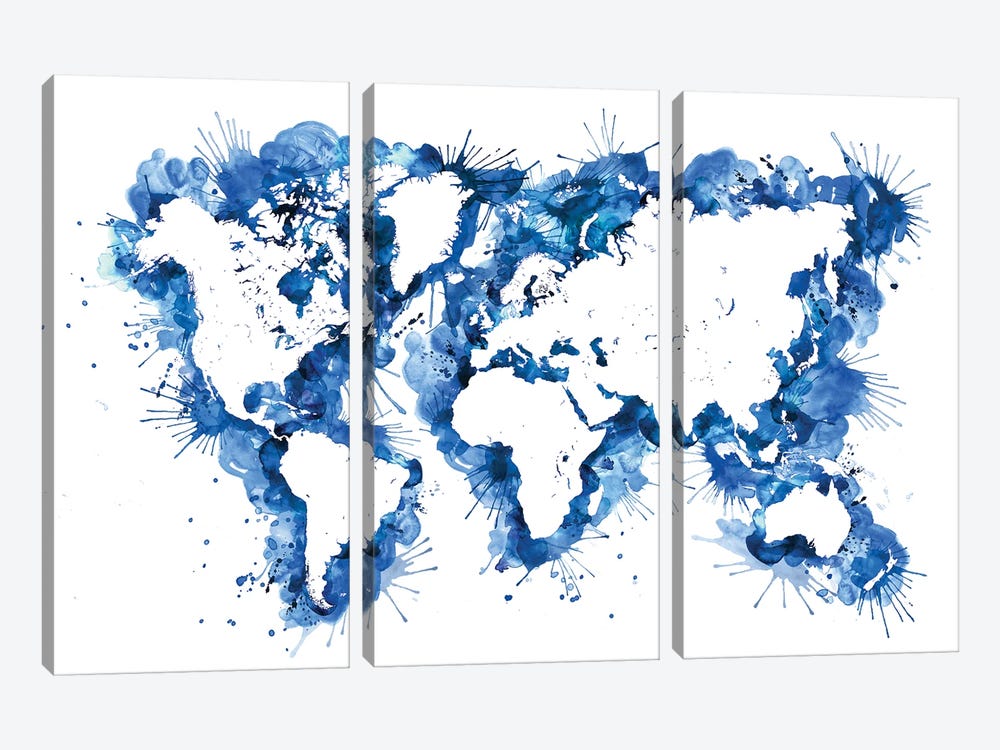 Blue Watercolor Splatters World Map by blursbyai 3-piece Canvas Artwork