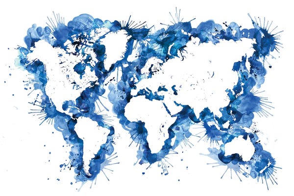 Abstract Maps: Blue Watercolor Splatters World Map by blursbyai