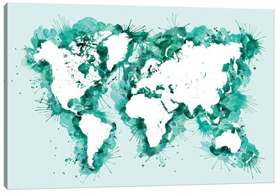 Teal Splatters World Map Canvas Art Print - World Map Art