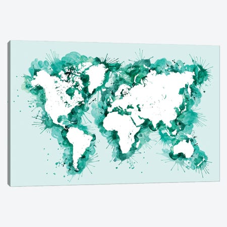 Teal Splatters World Map Canvas Print #RLZ437} by blursbyai Art Print