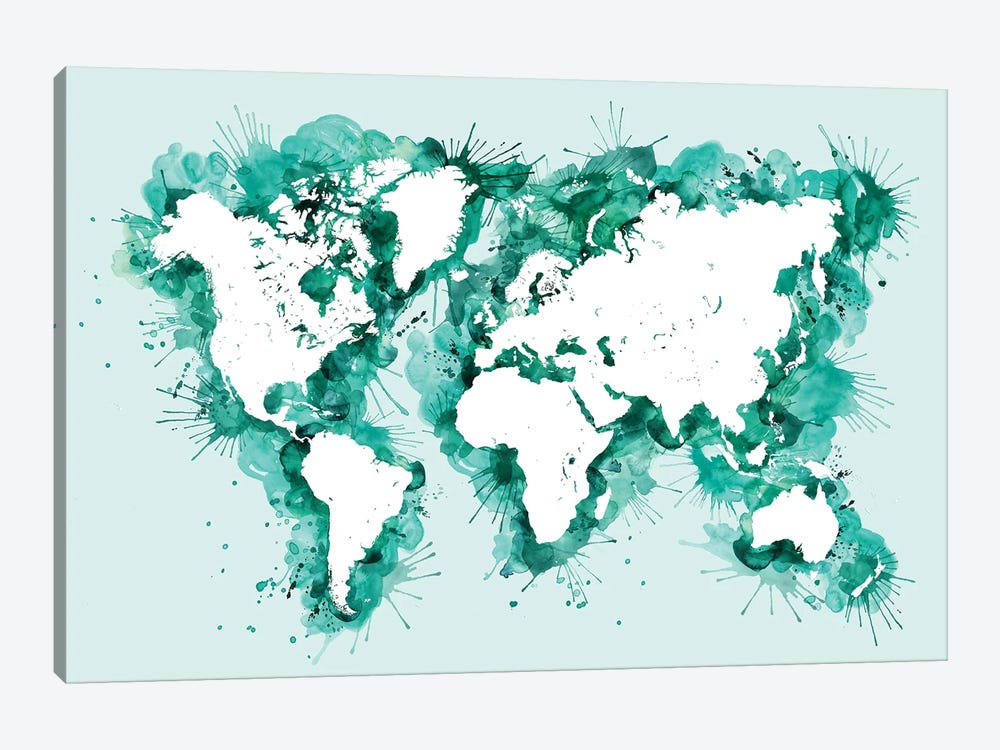 Teal Splatters World Map by blursbyai 1-piece Canvas Art Print