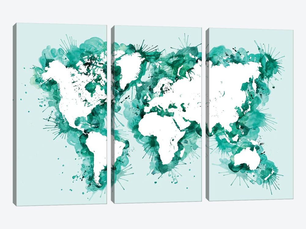 Teal Splatters World Map by blursbyai 3-piece Art Print
