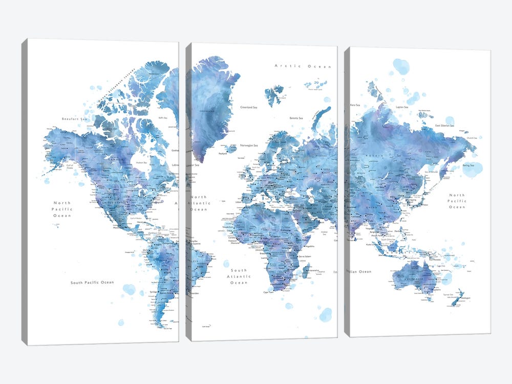 World Map With Main Cities Simeon by blursbyai 3-piece Canvas Art Print