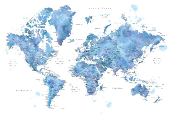 Large Map Art - Canvas Prints: World Map With Main Cities Simeon by blursbyai