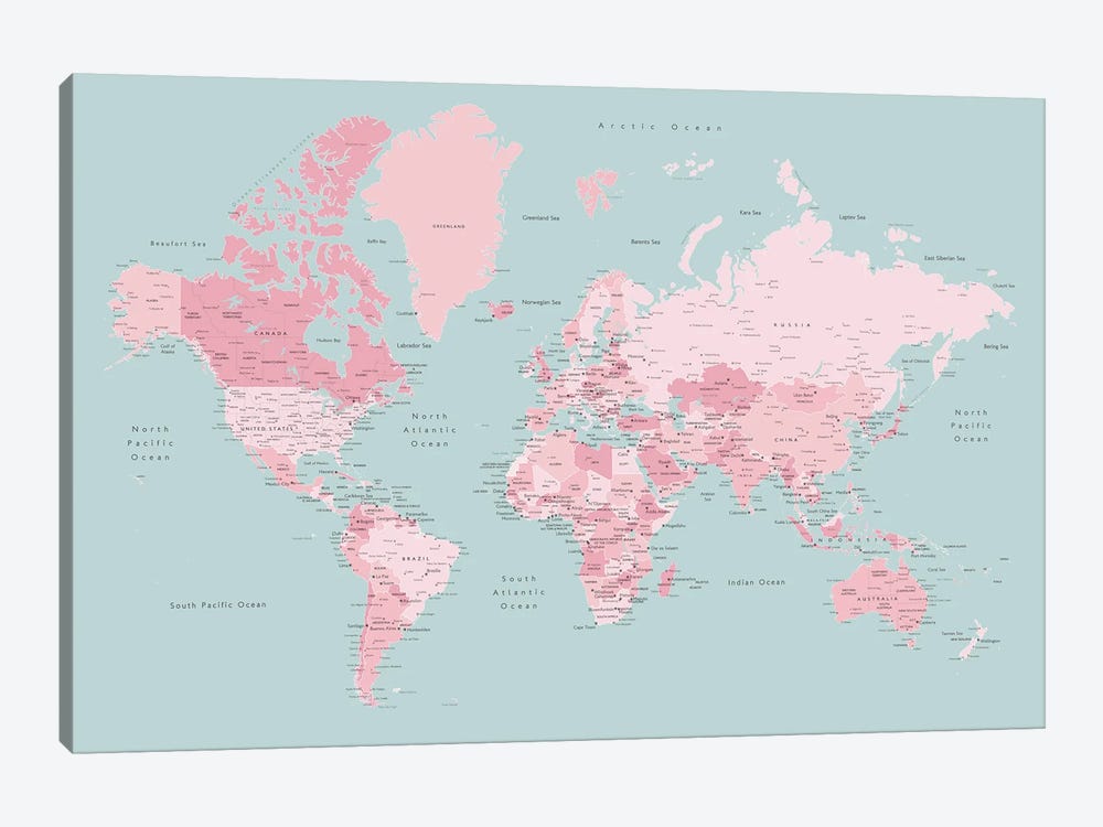 World Map With Main Cities, Isobel by blursbyai 1-piece Canvas Print