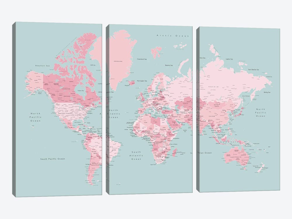 World Map With Main Cities, Isobel by blursbyai 3-piece Canvas Print