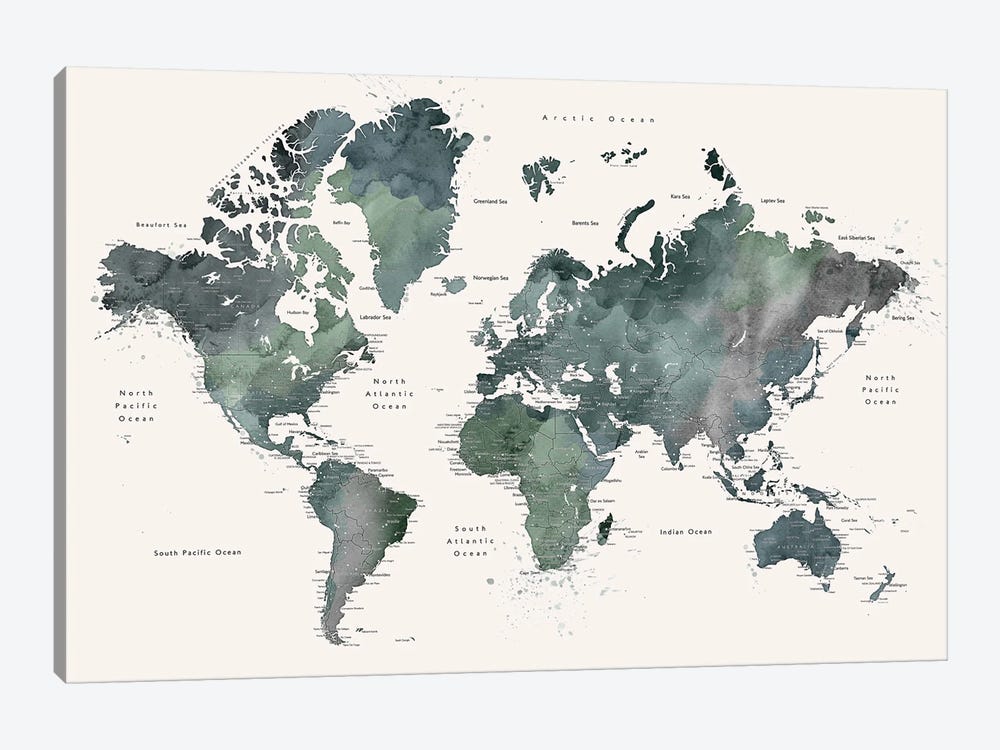 World Map With Main Cities Makoa by blursbyai 1-piece Canvas Artwork