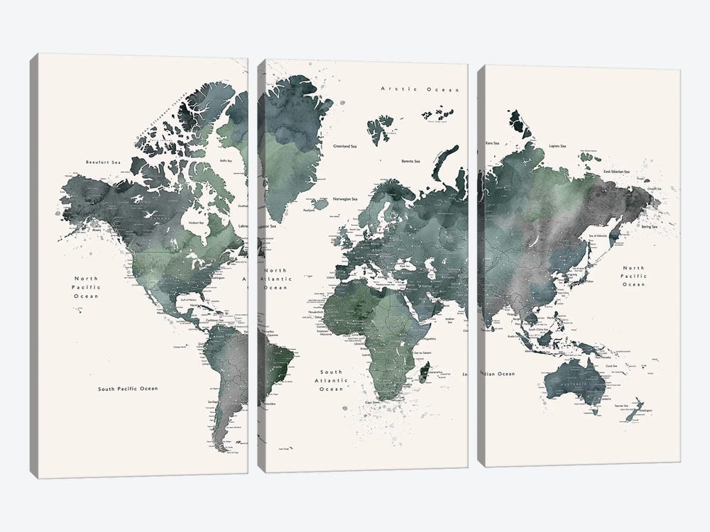 World Map With Main Cities Makoa by blursbyai 3-piece Canvas Artwork