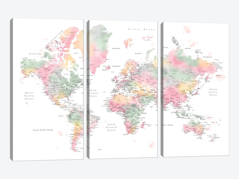 World Map With Main Cities Anjah by blursbyai 3-piece Canvas Art Print