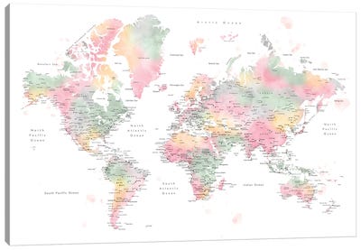World Map With Main Cities Anjah Canvas Art Print - World Map Art