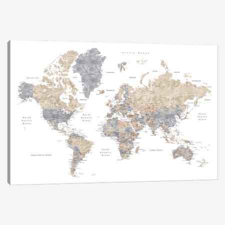 Neutrals World Map With Cities, Gouri Canvas Print #RLZ450} by blursbyai Canvas Art