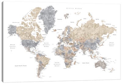 Neutrals World Map With Cities, Gouri Canvas Art Print - blursbyai