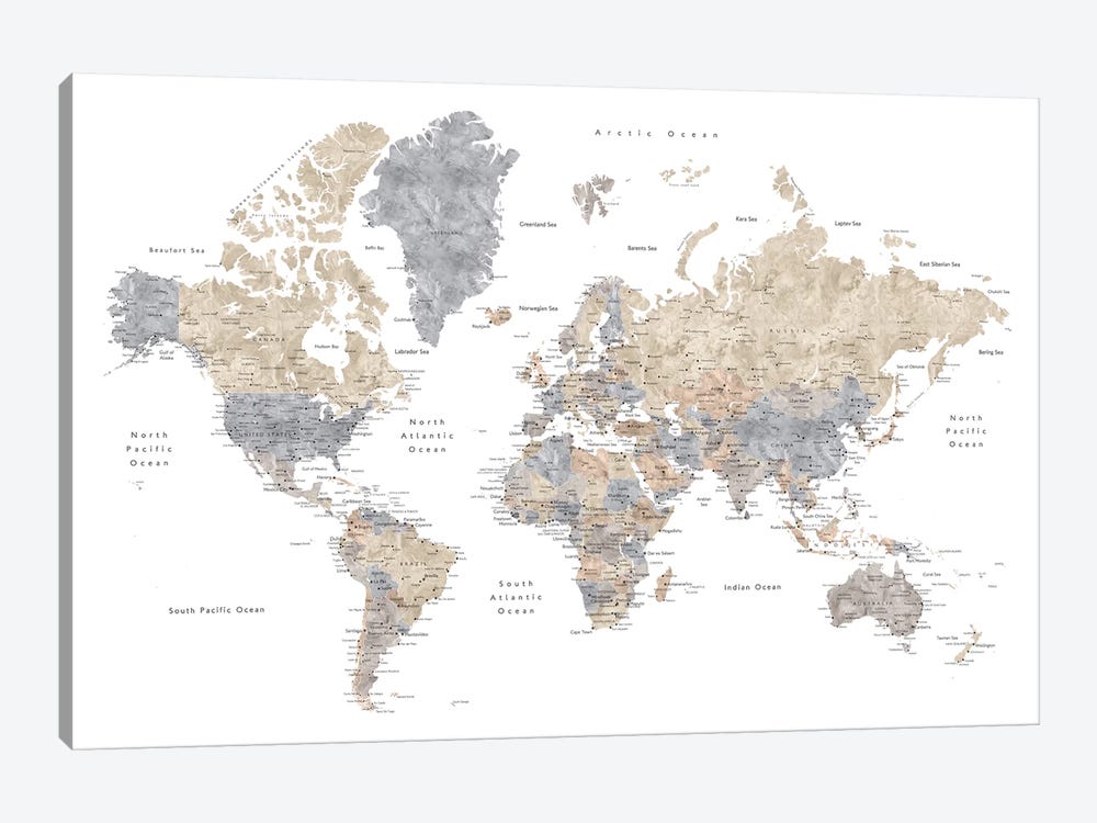 Neutrals World Map With Cities, Gouri by blursbyai 1-piece Canvas Art