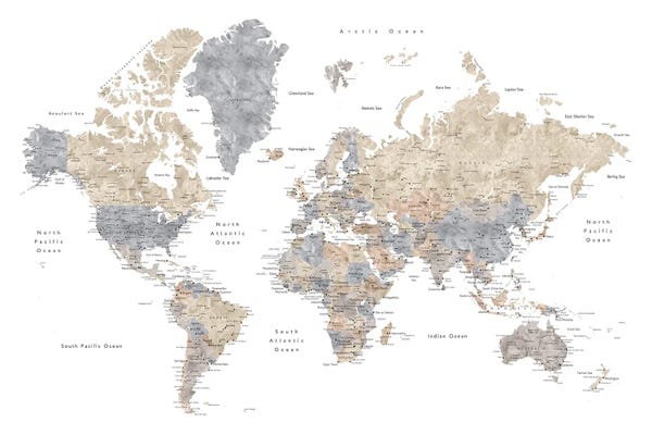Large Map Art - Canvas Prints: Neutrals World Map With Cities, Gouri by blursbyai