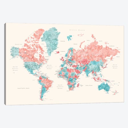 Charlotte World Map With Main Cities Canvas Print #RLZ451} by blursbyai Canvas Art