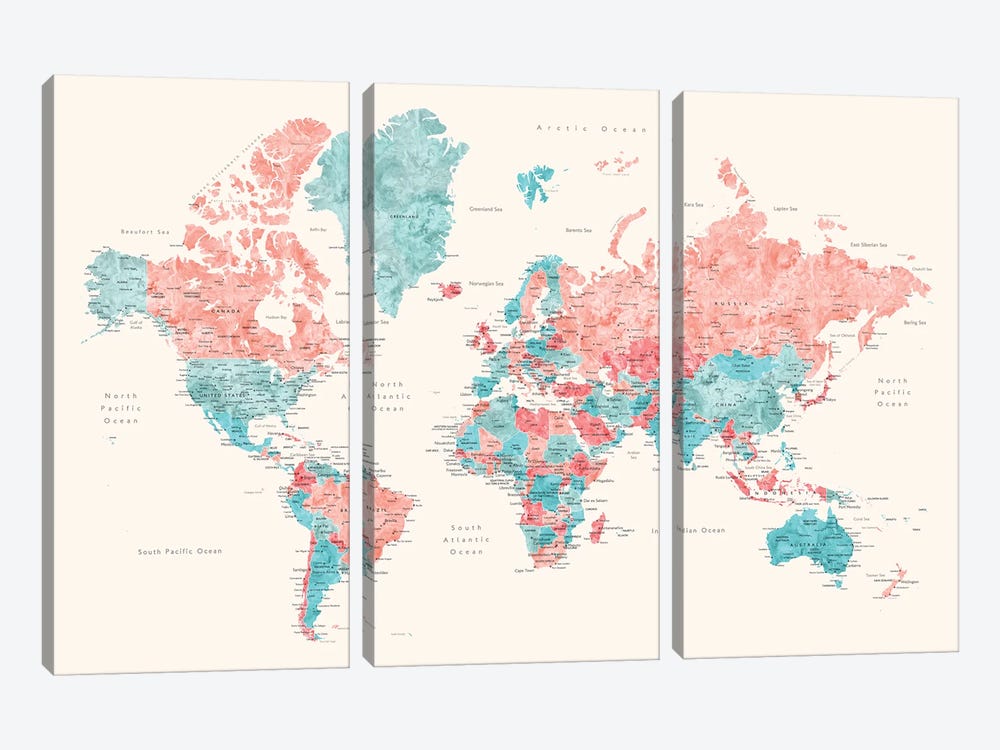 Charlotte World Map With Main Cities by blursbyai 3-piece Canvas Print