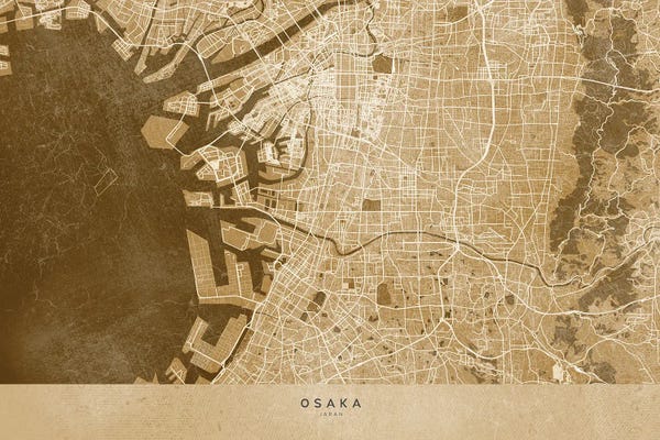 blursbyai: Sepia Vintage Map Of Osaka Japan by blursbyai